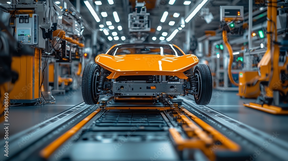 An orange electric car being assembled on an automated production line, showcasing advanced manufacturing technology and automation in the automotive industry. An orange electric car being assembled on an automated production line, showcasing advanced manufacturing technology and automation in the automotive industry.