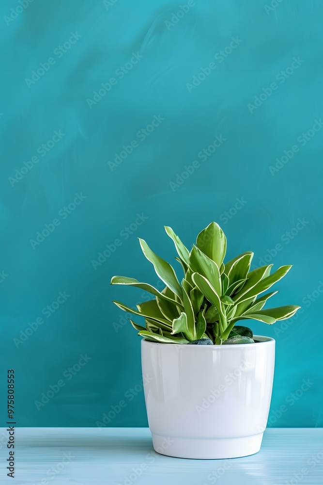 Green Plant in White Pot on Teal Background