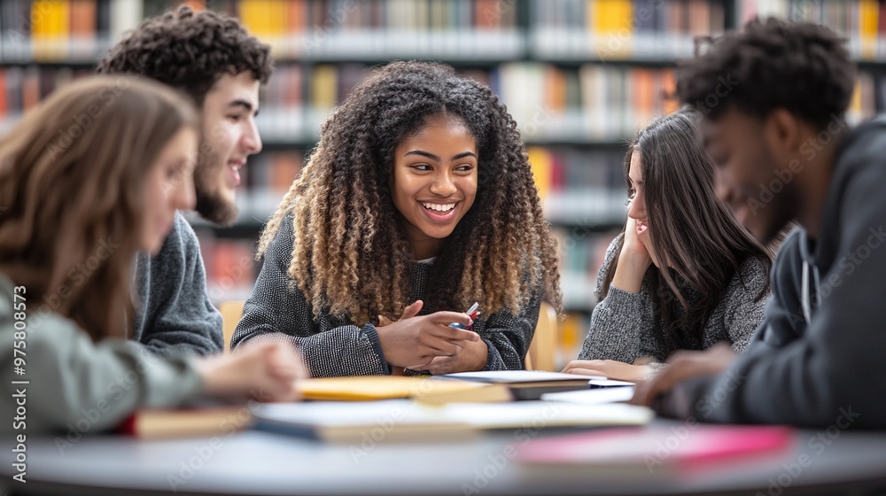diverse group of university students studying together in a high school library, highlighting multicultural teamwork and academic learning diverse group of university students studying together in a high school library, highlighting multicultural teamwork and academic learning