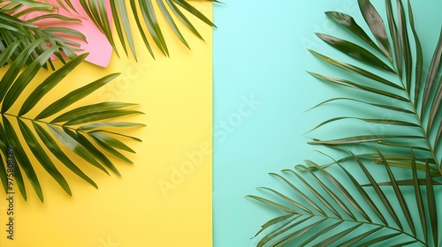 Tropical Palm Leaves on Yellow and Blue Background