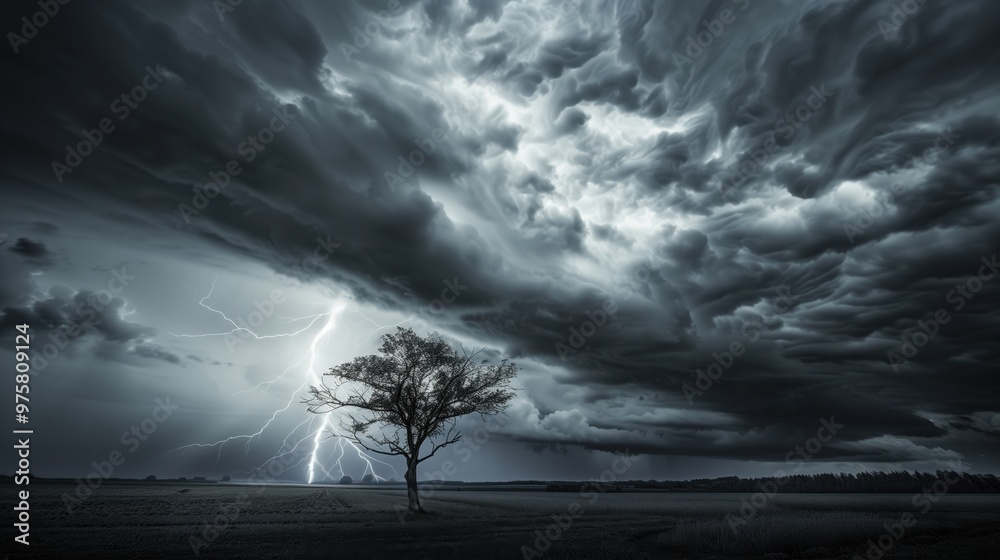 Dramatic stormy sky with lightning striking near a lone tree in an open field. Perfect for nature, weather, and dramatic scene themes. Dramatic stormy sky with lightning striking near a lone tree in an open field. Perfect for nature, weather, and dramatic scene themes.