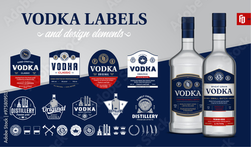 Vector blue and red vodka labels. Realistic vodka glass bottle mockups. Distillery branding and identity design elements