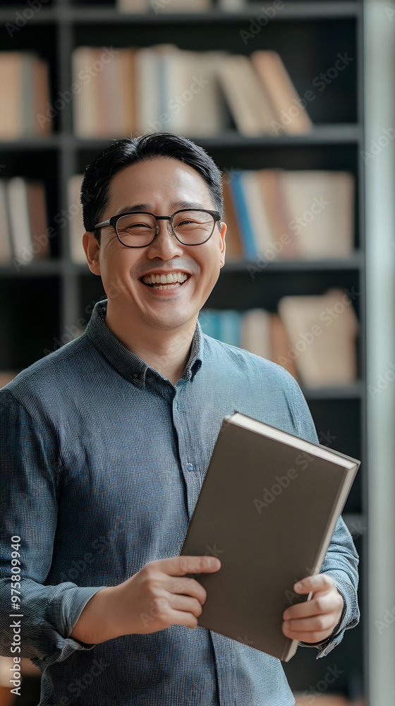 A cheerful korean male professor holds a textbook while smiling warmly in a library filled with books A cheerful korean male professor holds a textbook while smiling warmly in a library filled with books