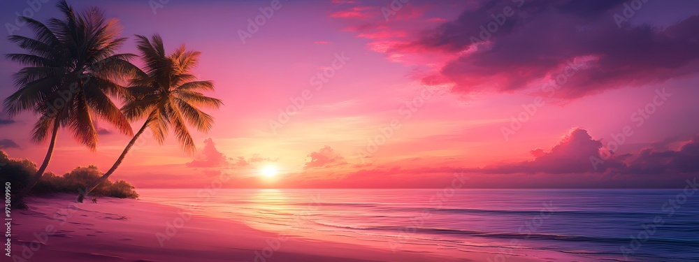A stunning sunset over the tropical beach, with palm trees silhouetted against the vibrant colors of pink and purple in the sky A stunning sunset over the tropical beach, with palm trees silhouetted against the vibrant colors of pink and purple in the sky