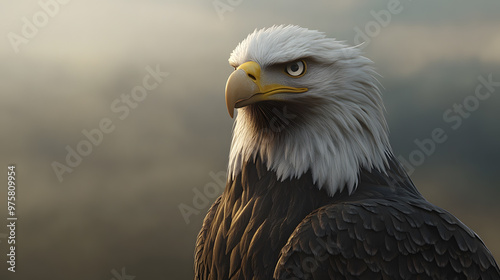A majestic bald eagle with a piercing gaze and a white head, perched against a blurred background.
