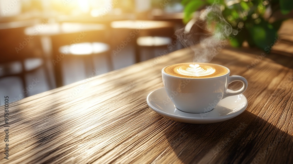 Steaming cup of coffee on a wooden table with sunlight Steaming cup of coffee on a wooden table with sunlight