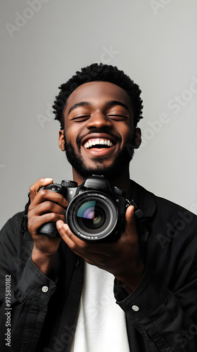 A happy black male photographer smiles broadly while holding a camera, exuding joy and passion for photography