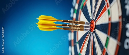Dart hitting the bullseye, vivid blue sky backdrop, symbolizing achievement and precision, vibrant colors and sharp details
