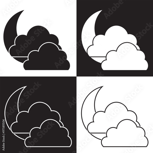 Cloud moon  icon set. Night time vector icon. Nighttime dream sign . Isolated on black and white background. Vector Illustration. EPS 10