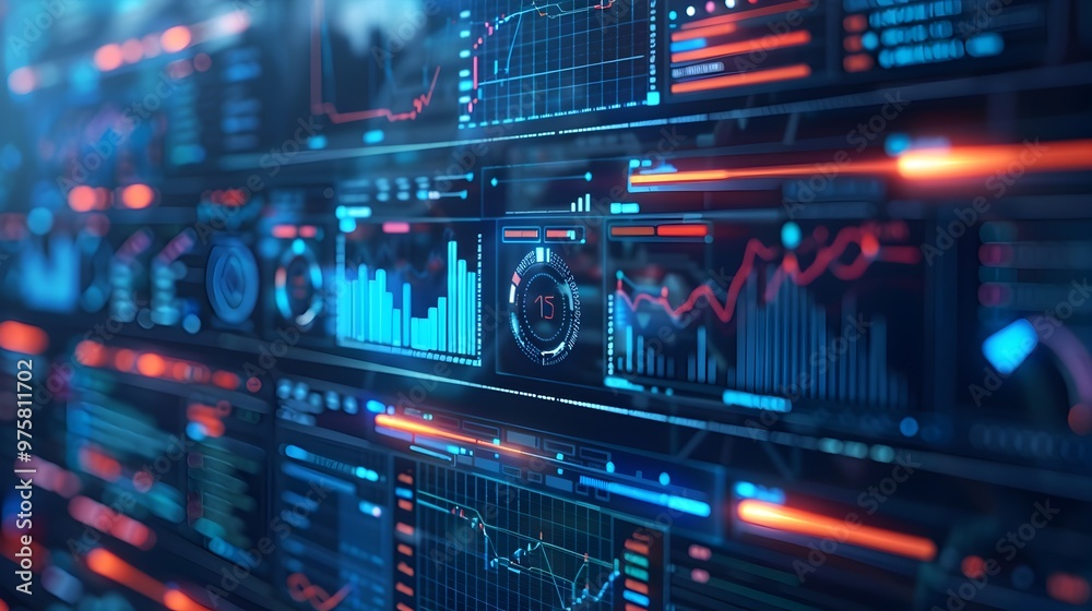 Naklejka premium Futuristic Financial Dashboard Displaying Predictive Analytics and Trend Insights