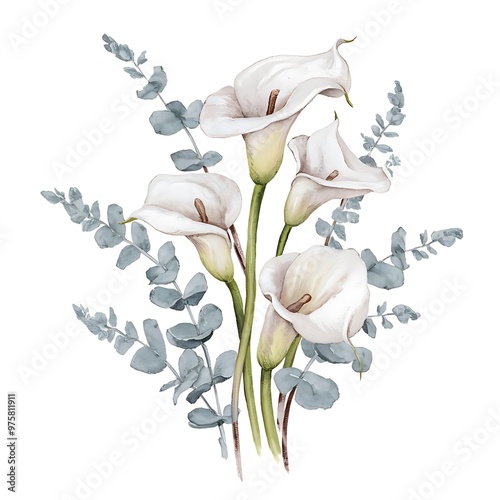 Collection of isolated watercolor white callas flowers and eucalyptus branches, hand painted illustration on a white background