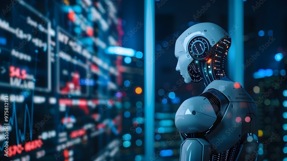 Futuristic AI powered machine learning model predicting price trends based on historical data and market analytics