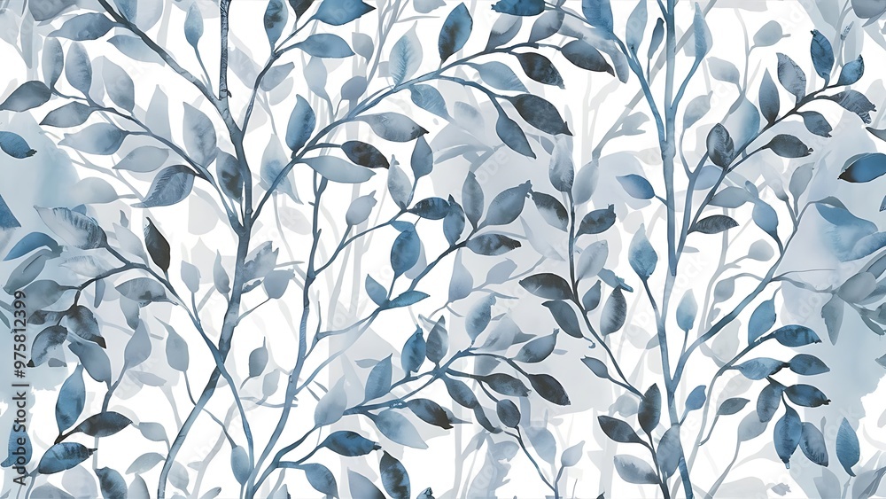 Fototapeta premium Watercolor blue and grey leaves and branches seamless pattern, hand painted on a white background