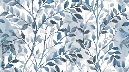 Watercolor blue and grey leaves and branches seamless pattern, hand painted on a white background