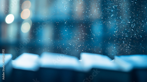 Shimmering blue picture of a bookstore, looking like something from a romantic movie photo