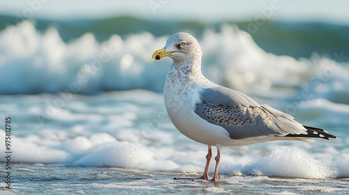 A silver gull stands on the shoreline against the backdrop of crashing waves on a clear sunny day photo