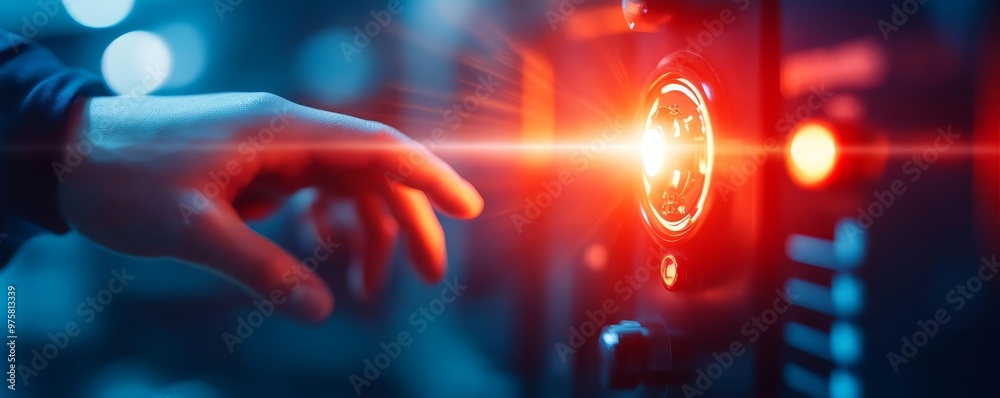 A hand interacting with a glowing control panel, showcasing futuristic technology and vibrant lighting effects in a modern setting.