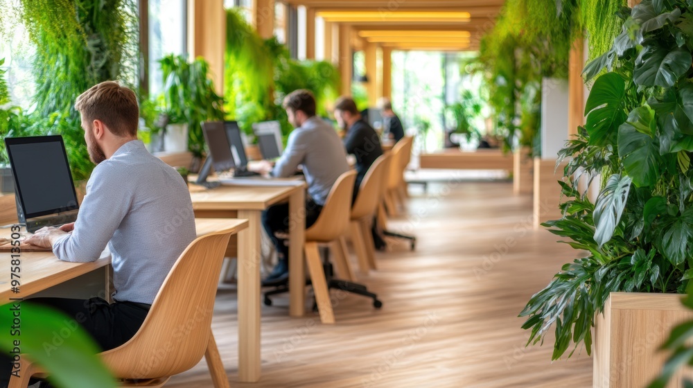 A group of people sitting at desks in an office with plants, AI A group of people sitting at desks in an office with plants, AI