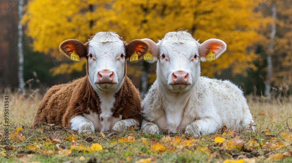 Obraz premium Two cows are laying down in a field of yellow leaves