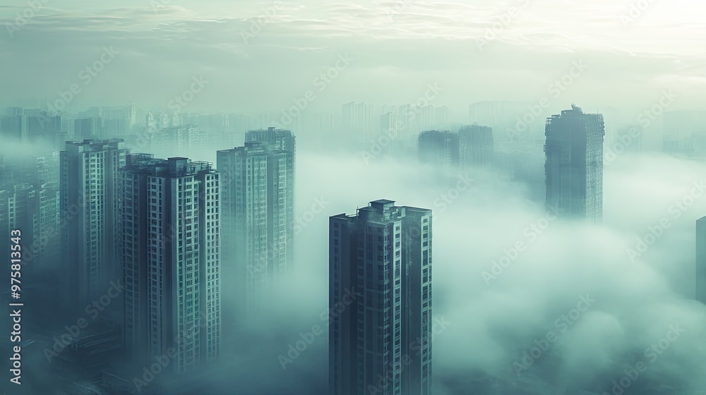 Smog-covered urban landscape, with high-rise buildings standing in a hazy city, highlighting pollution and health impacts. Smog-covered urban landscape, with high-rise buildings standing in a hazy city, highlighting pollution and health impacts.