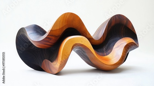 Stunning abstract sculpture made from vibrant wood, featuring flowing shapes and bold textures, set on a white background