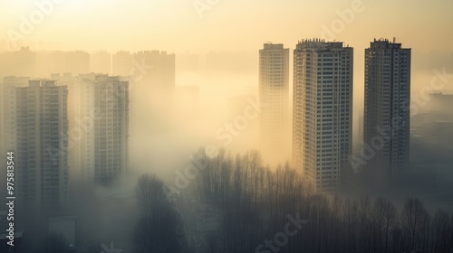 Smog-covered urban landscape, with high-rise buildings standing in a hazy city, highlighting pollution and health impacts.