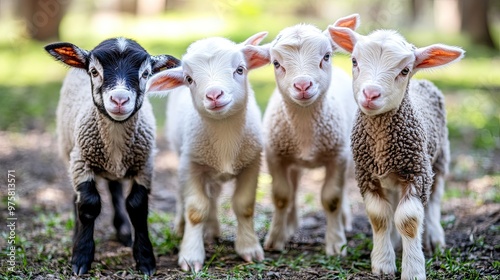 Fototapeta Naklejka Na Ścianę i Meble -  Four baby sheep standing in a field