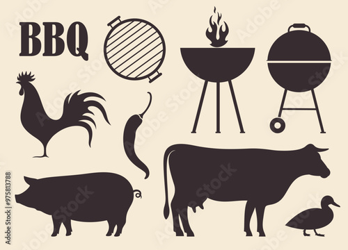 Barbecue grill set. Isolated barbecue grill on vintage background