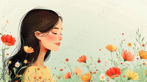 Happy Womens Day March 8! Cute cards and posters for the spring holiday. Vector illustration of a date, a woman and a bouquet of flowers photo