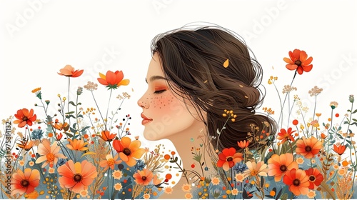 Happy Womens Day March 8! Cute cards and posters for the spring holiday. Vector illustration of a date, a woman and a bouquet of flowers photo