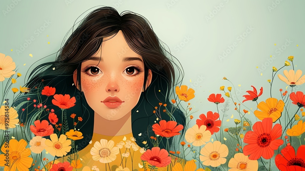 Fototapeta premium Happy Womens Day March 8! Cute cards and posters for the spring holiday. Vector illustration of a date, a woman and a bouquet of flowers