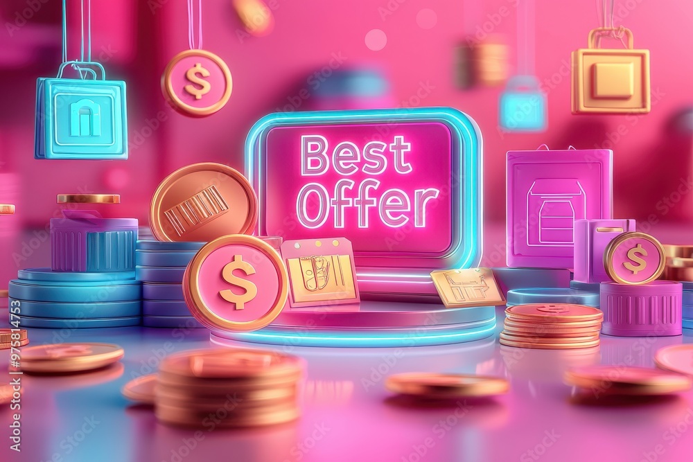 Colorful 'Best Offer' sign surrounded by coins and financial symbols on pink background. Concept of special deal, discount, sale, or lucrative business opportunity. Colorful 'Best Offer' sign surrounded by coins and financial symbols on pink background. Concept of special deal, discount, sale, or lucrative business opportunity.