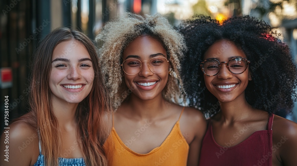 Smiling multiracial group of best friends outdoors on a city street, celebrating the concept of unity and diverse lifestyles in a social urban environment Smiling multiracial group of best friends outdoors on a city street, celebrating the concept of unity and diverse lifestyles in a social urban environment