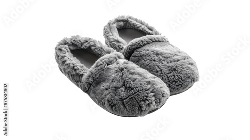 Grey furry indoor slippers on transparent background