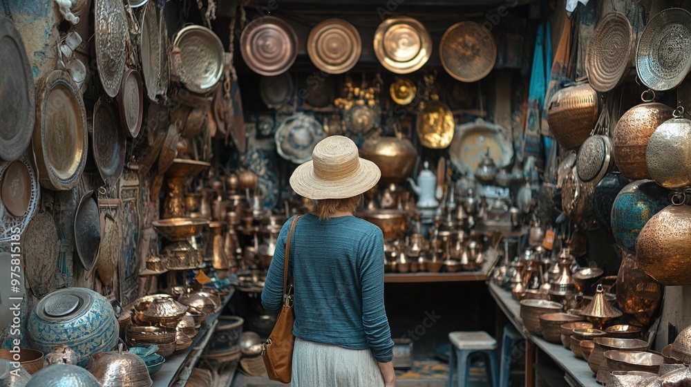 Discovery tour in a copper souvenir shop by a traveling woman, browsing through unique souvenirs and traditional gifts, showcasing local artisan craftsmanship Discovery tour in a copper souvenir shop by a traveling woman, browsing through unique souvenirs and traditional gifts, showcasing local artisan craftsmanship