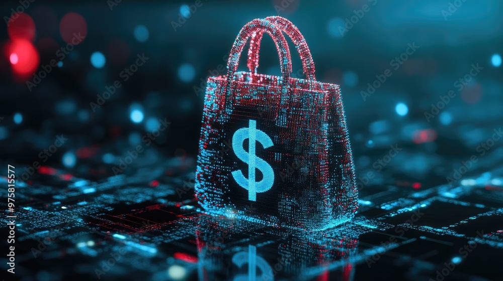 Futuristic digital bag with dollar sign, overlaid with binary code to ...