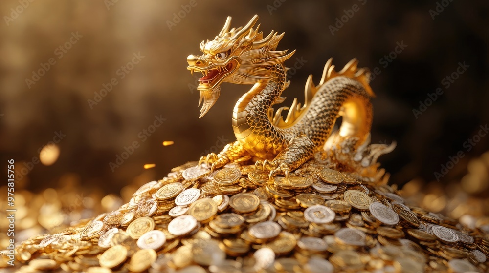 Stunning golden dragon atop a mountain of gold and silver coins, celebrating the Chinese New Year Festival symbols of wealth. Stunning golden dragon atop a mountain of gold and silver coins, celebrating the Chinese New Year Festival symbols of wealth.