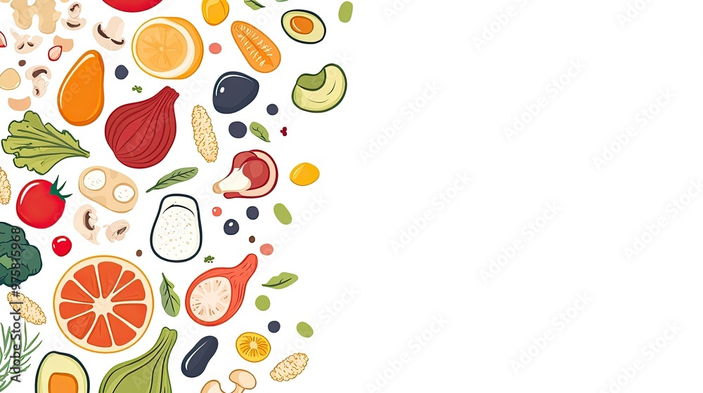 A colorful image of various fruits and vegetables, including oranges, tomatoes A colorful image of various fruits and vegetables, including oranges, tomatoes