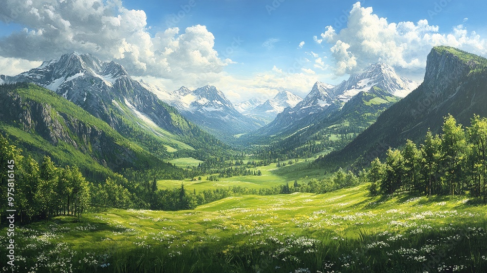 landscape artwork of a green valley with a mountainous backdrop, an artistic creation on canvas that portrays the peaceful and serene beauty of nature's horizon landscape artwork of a green valley with a mountainous backdrop, an artistic creation on canvas that portrays the peaceful and serene beauty of nature's horizon