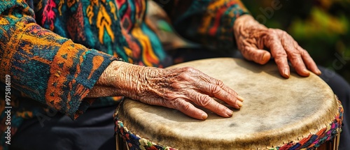 An elder playing a traditional drum with colorful patterns on sleeves.