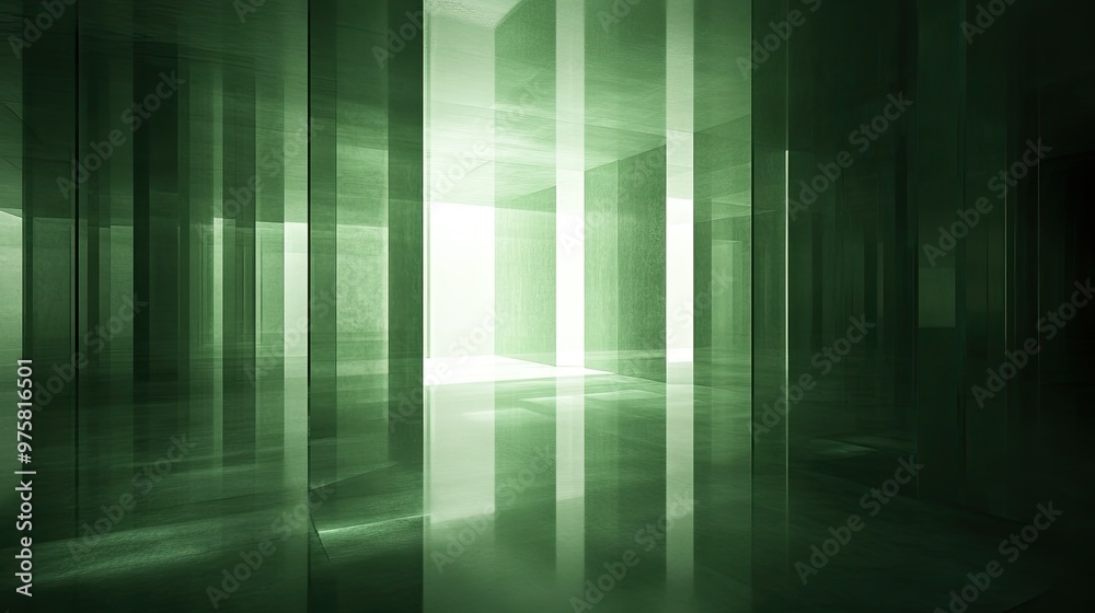 A green room with a lot of glass walls and a light shining through A green room with a lot of glass walls and a light shining through
