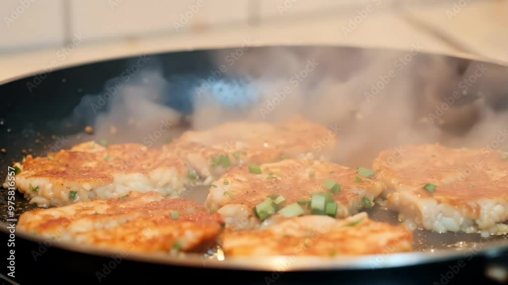 Savory potato pancakes sizzling in a skillet with chopped green onions Savory potato pancakes sizzling in a skillet with chopped green onions