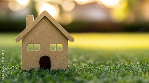 A small house is sitting on a grassy field