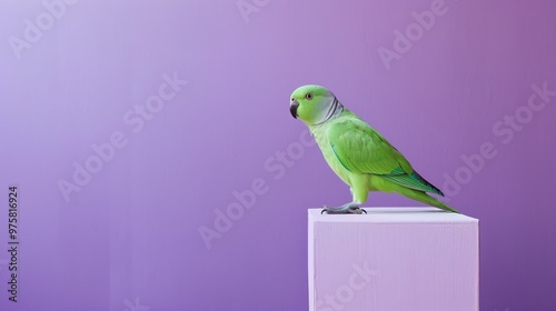 A lively green parrot stands gracefully on a modern bird perch, contrasting beautifully with a gentle purple backdrop that enhances the minimalistic aesthetic photo