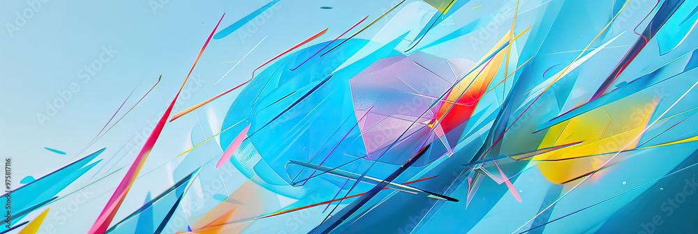Obraz premium Dynamic Geometry: Vivid abstract shapes and lines dance across a soft blue background, evoking a sense of modernity and creativity.