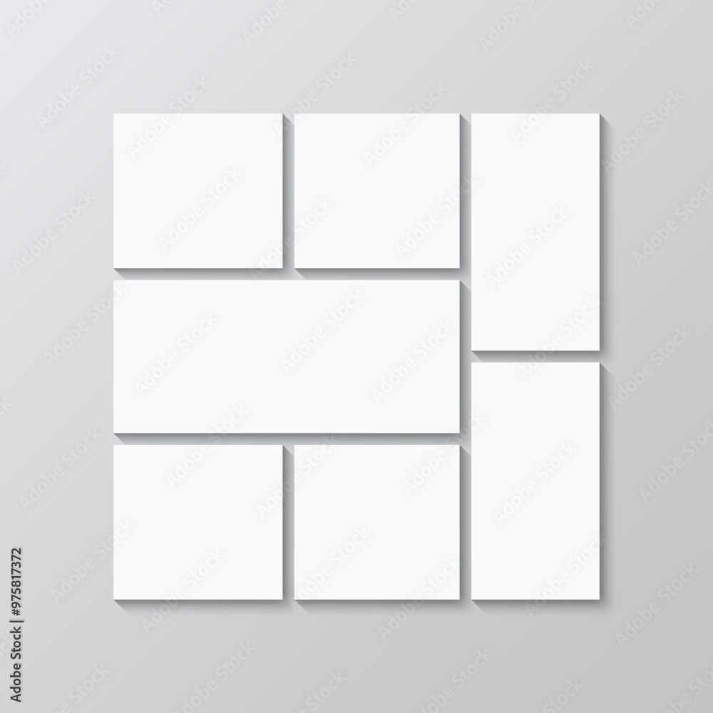 Photo collage frame. Photoframe mockup grid. Moodboard combination background. Mosaic pictures template. Portfolio images layout. Album brandboard. Retro gallery banner. Vector illustration.