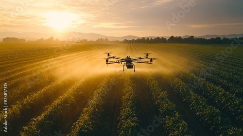 Agricultural drone spraying pesticides over vast fields of crops, operating entirely on its own.