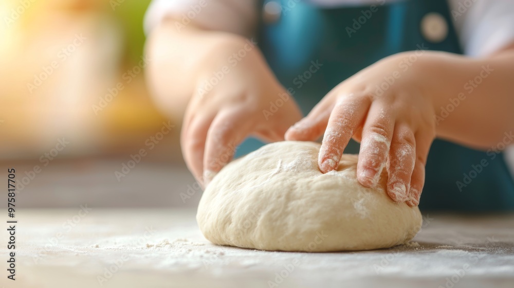A child hands knead fresh dough on a kitchen countertop, showcasing the joy of baking and culinary creativity. A child hands knead fresh dough on a kitchen countertop, showcasing the joy of baking and culinary creativity.