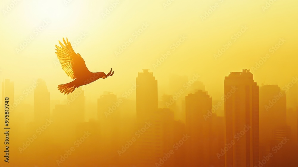 Obraz premium Silhouetted Bird Soaring Above a Cityscape at Sunset