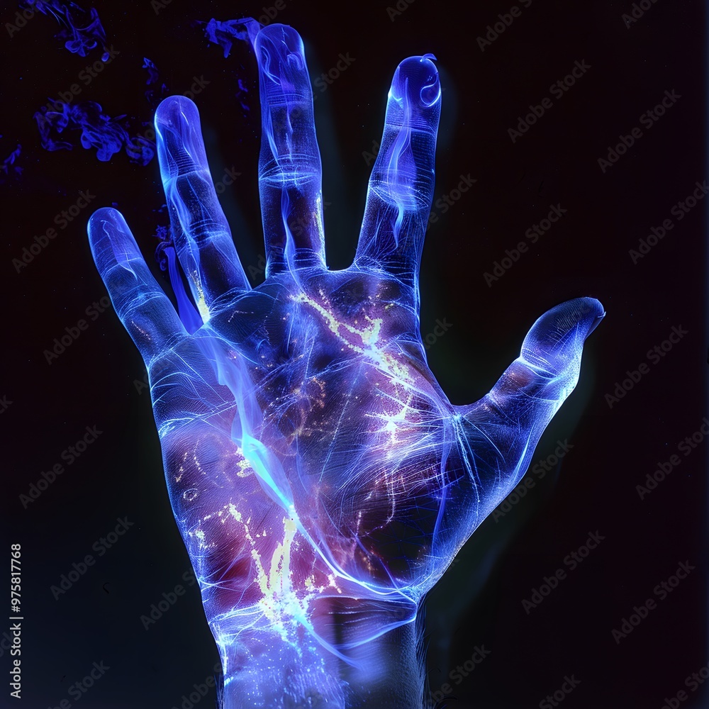 Close-up hand with glowing veins, black background. Close-up hand with glowing veins, black background.
